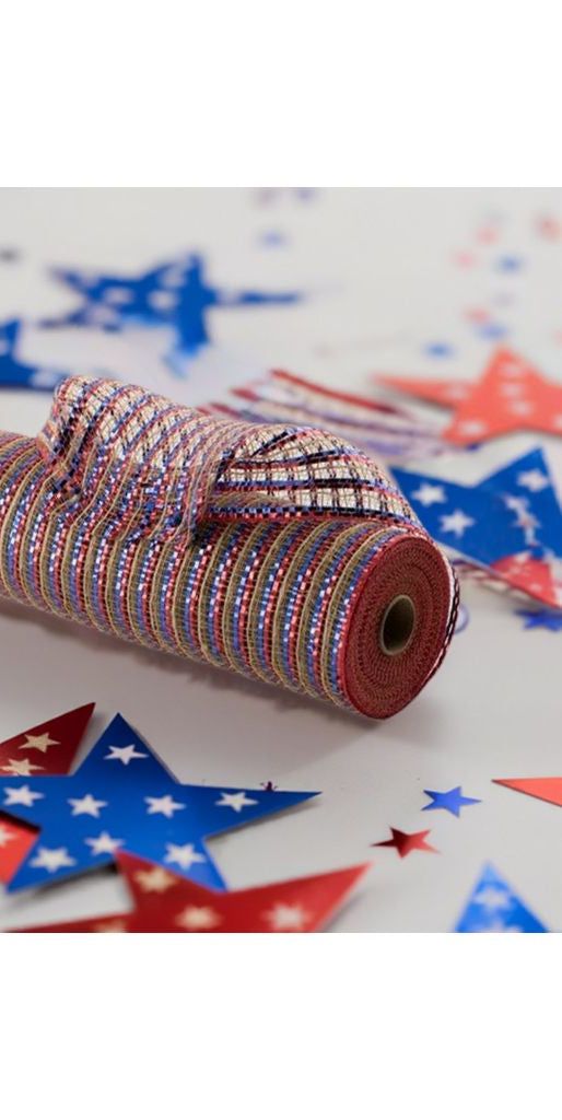 10" All Foil Thin Stripes Mesh: Red, Natural, Blue (10 Yards) - Michelle's aDOORable Creations - Poly Deco Mesh