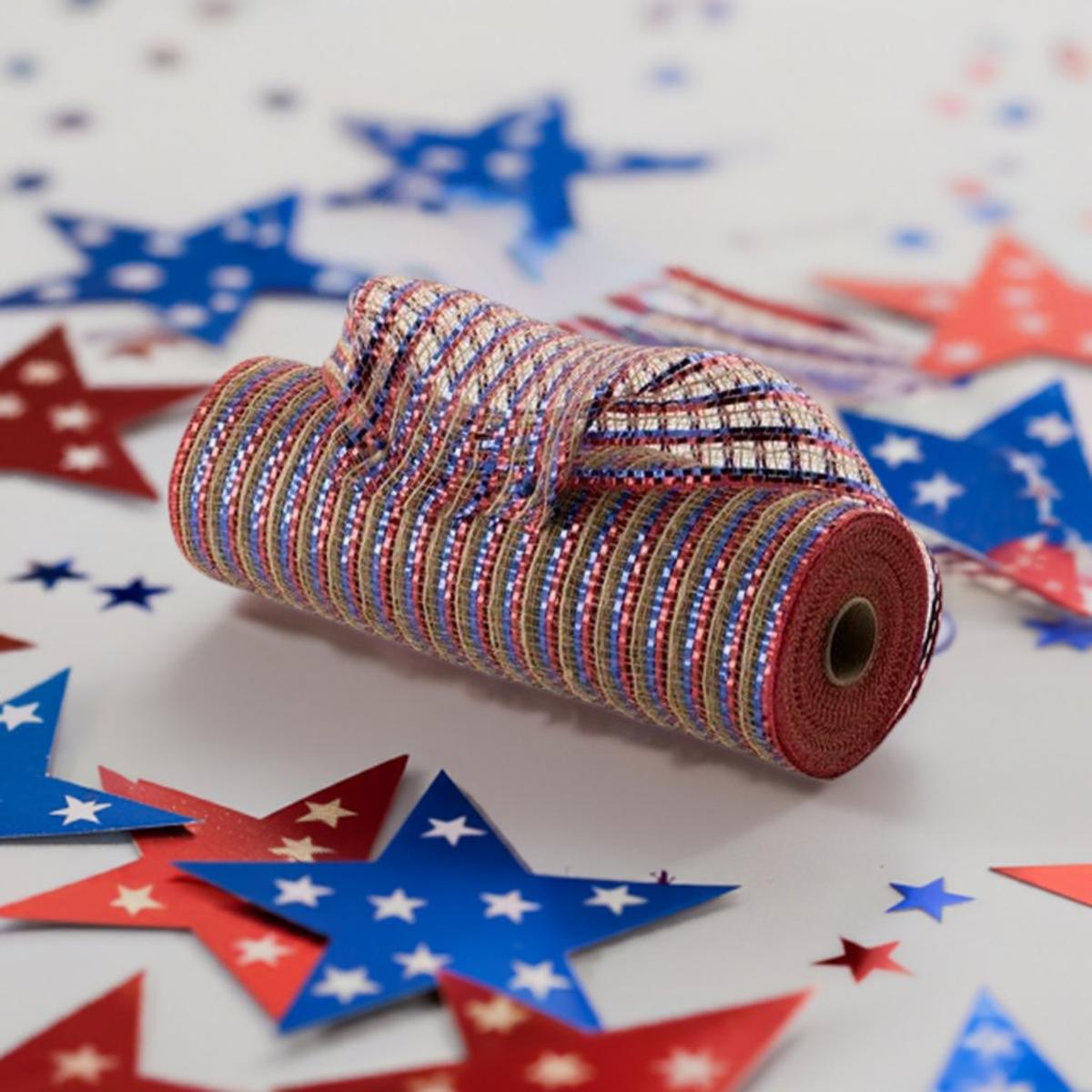 Shop For 10" All Foil Thin Stripes Mesh Ribbon: Red, Natural, Blue (10 Yards) at Michelle's aDOORable Creations