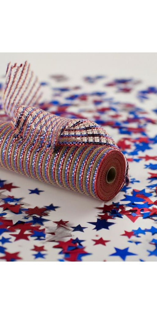 10" All Foil Thin Stripes Mesh: Red, Natural, Blue (10 Yards) - Michelle's aDOORable Creations - Poly Deco Mesh