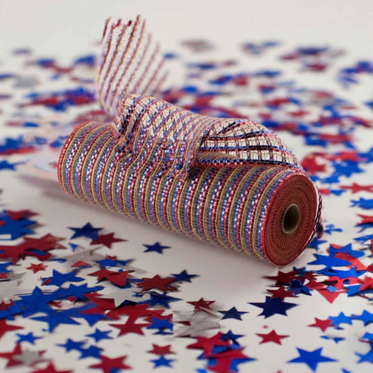 Shop For 10" All Foil Thin Stripes Mesh Ribbon: Red, Natural, Blue (10 Yards) at Michelle's aDOORable Creations