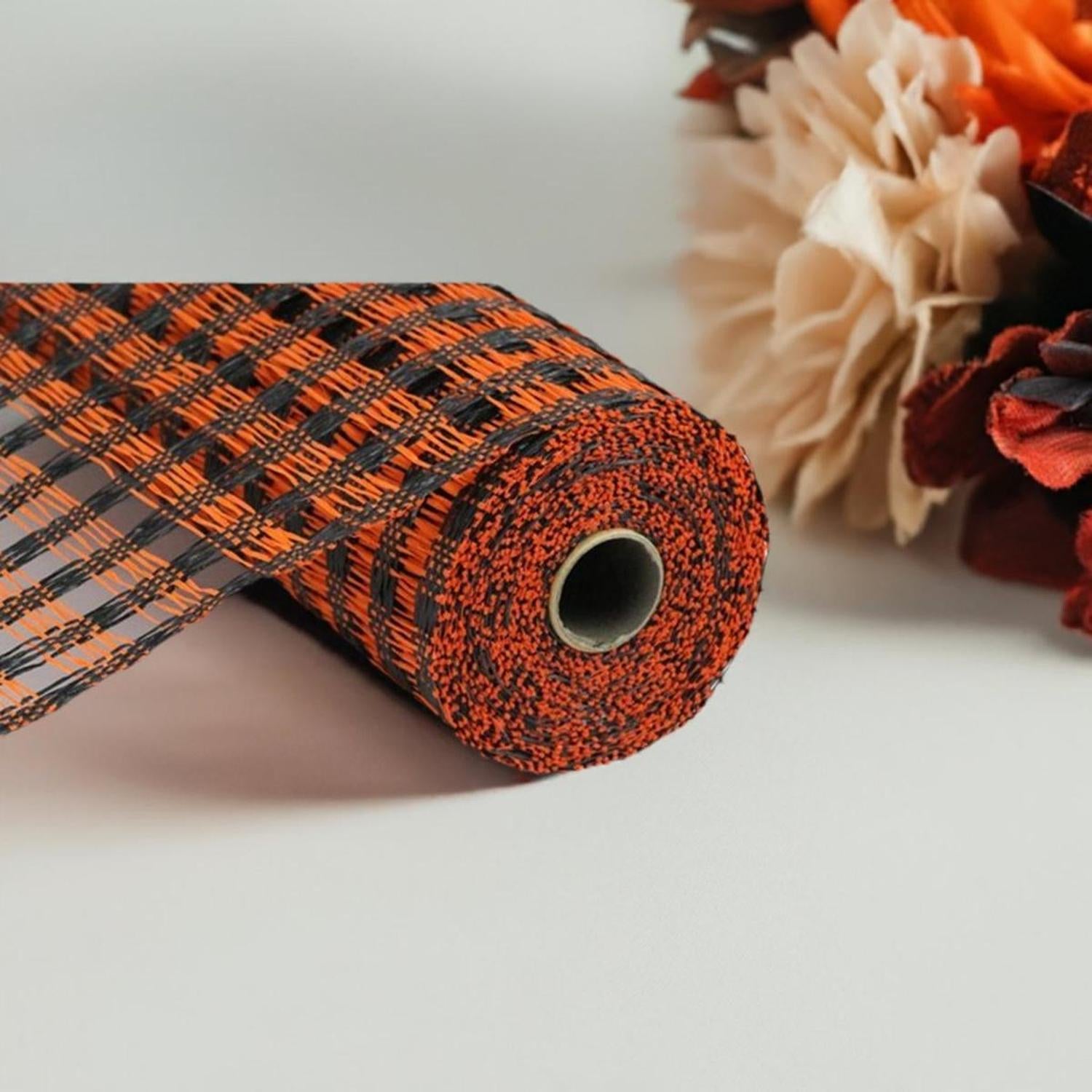 10" Poly Burlap Check Mesh Ribbon: Black & Orange (10 Yards)
