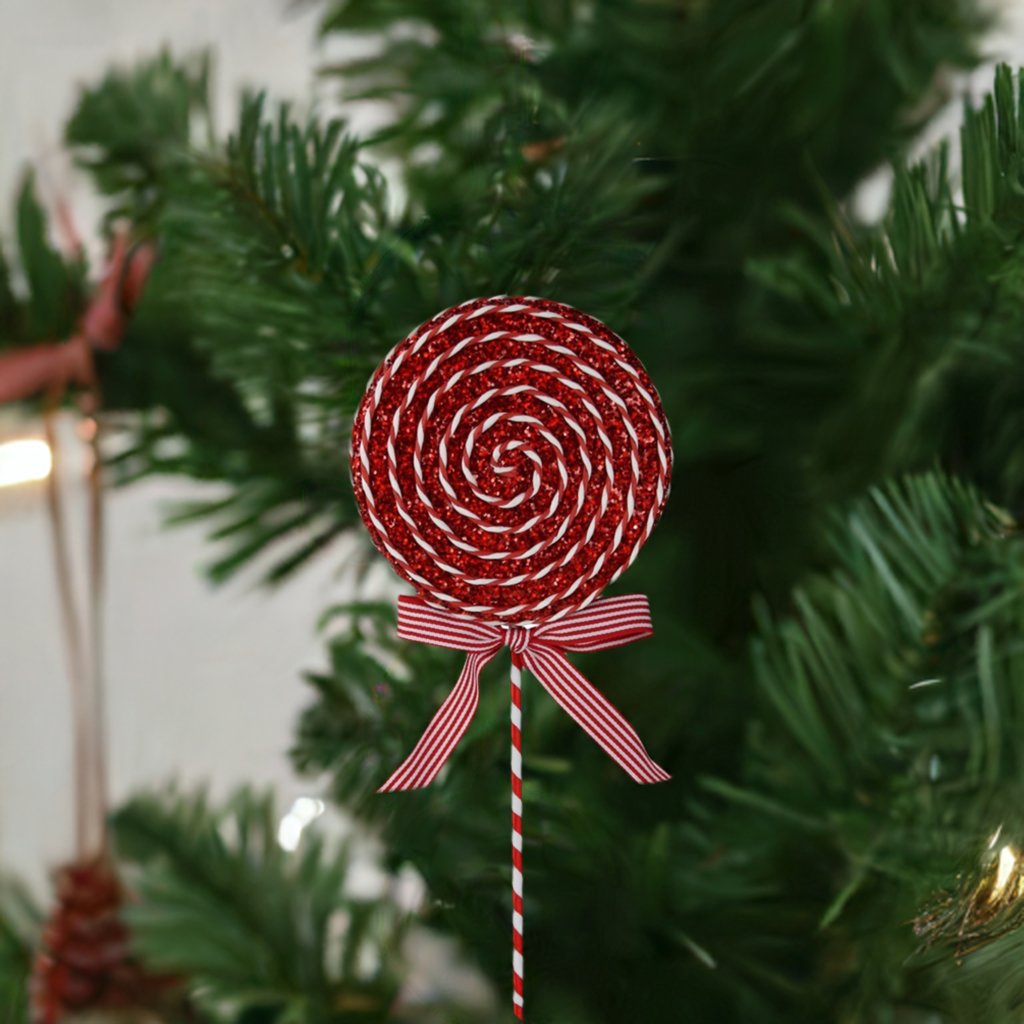 14" Glitter Lollipop Bow Pick: Red & White - Michelle's aDOORable Creations - Sprays and Picks