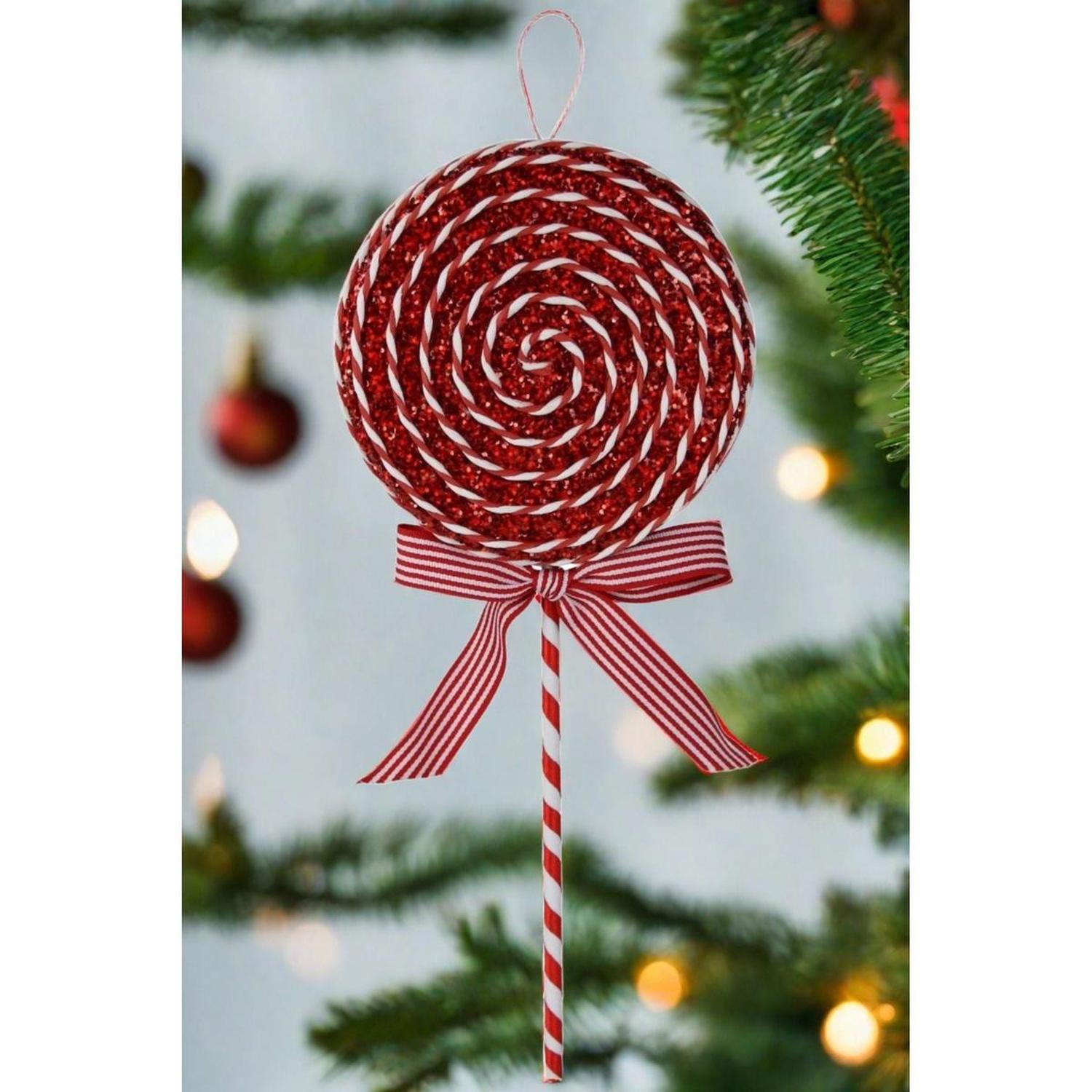 14" Glitter Lollipop Bow Pick: Red & White
