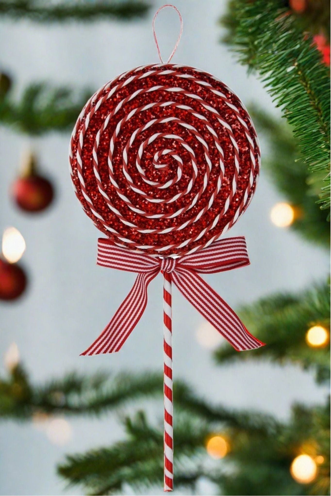 Shop For 14" Glitter Lollipop Bow Pick: Red & White at Michelle's aDOORable Creations