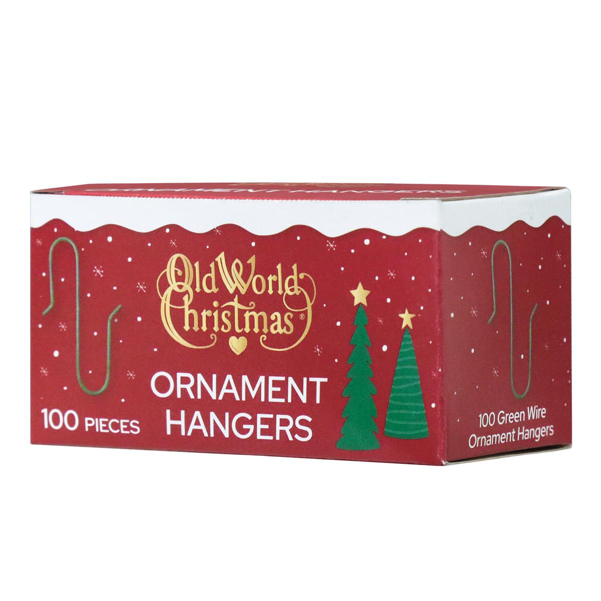 Box of 100 green wire Christmas ornament hangers in festive red packaging with holiday tree and snowflake graphics.