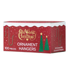 Box of 100 green wire Christmas ornament hangers in festive red packaging with holiday tree and snowflake graphics.