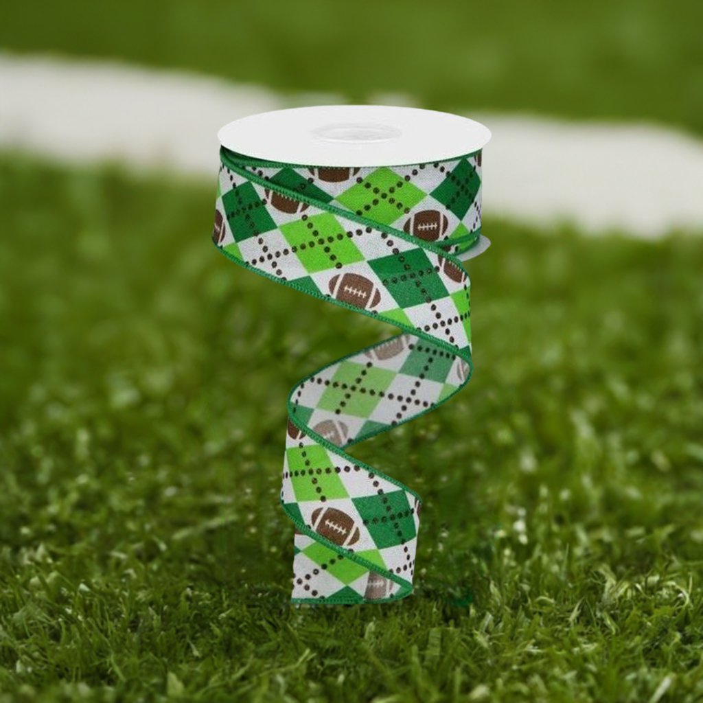 Shop For 1.5" Argyle Footballs Ribbon: Green (10 Yards) at Michelle's aDOORable Creations