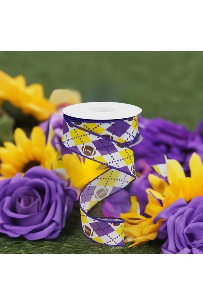 1.5" Argyle Footballs Ribbon: Yellow & Purple (10 Yards) - Michelle's aDOORable Creations - Wired Edge Ribbon