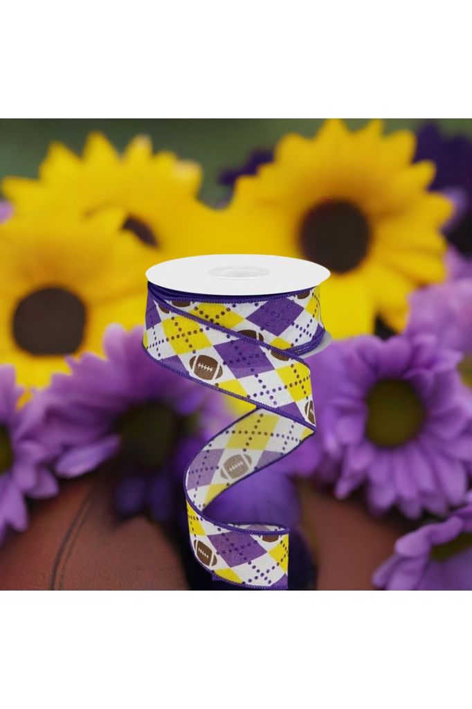 1.5" Argyle Footballs Ribbon: Yellow & Purple (10 Yards) - Michelle's aDOORable Creations - Wired Edge Ribbon