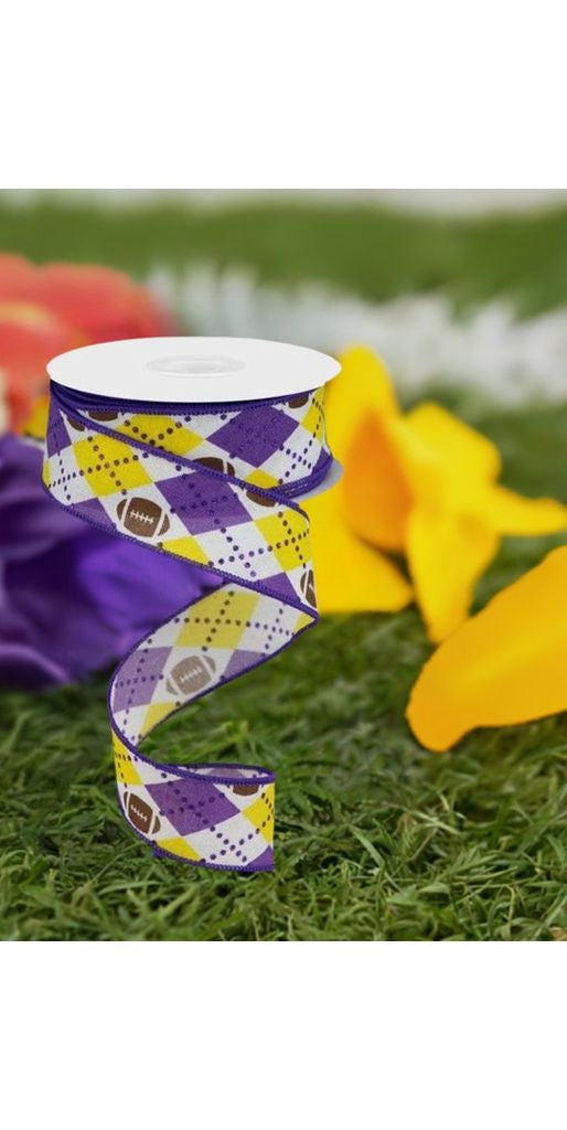 1.5" Argyle Footballs Ribbon: Yellow & Purple (10 Yards) - Michelle's aDOORable Creations - Wired Edge Ribbon