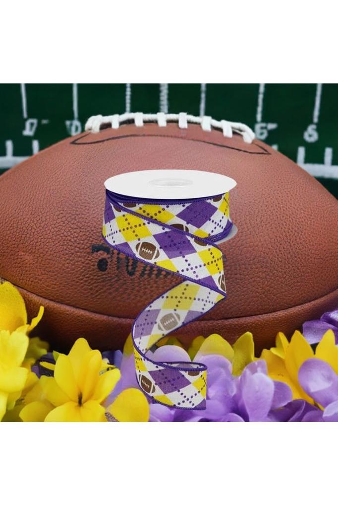 Shop For 1.5" Argyle Footballs Ribbon: Yellow & Purple (10 Yards) at Michelle's aDOORable Creations