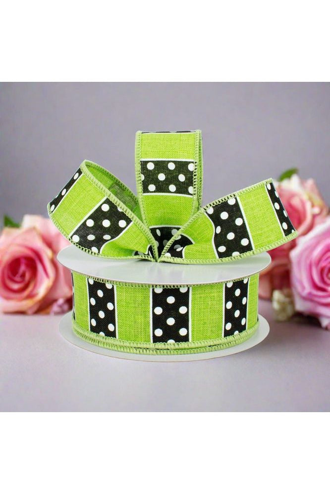 1.5" B & W Polka Dot Stripes Ribbon: Lime Green (10 Yards) - Michelle's aDOORable Creations - Wired Edge Ribbon