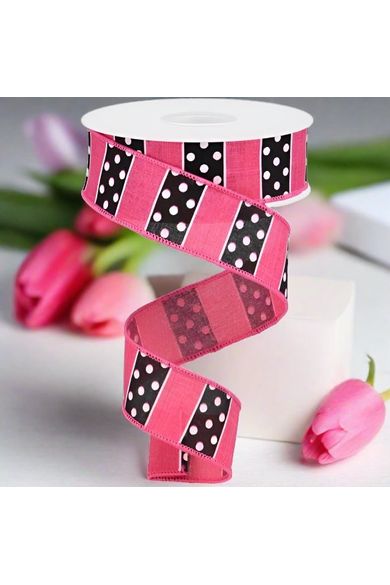1.5" B & W Polka Dot Stripes Ribbon: Pink (10 Yards) - Michelle's aDOORable Creations - Wired Edge Ribbon