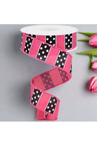 1.5" B & W Polka Dot Stripes Ribbon: Pink (10 Yards) - Michelle's aDOORable Creations - Wired Edge Ribbon