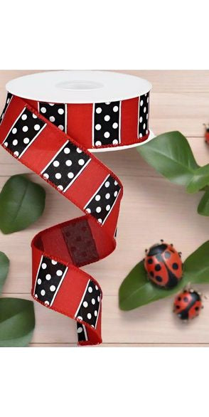 1.5" B & W Polka Dot Stripes Ribbon: Red (10 Yards) - Michelle's aDOORable Creations - Wired Edge Ribbon