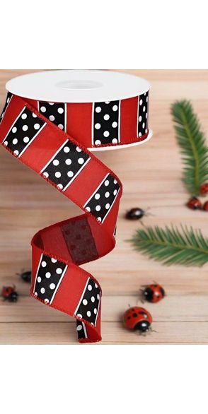 1.5" B & W Polka Dot Stripes Ribbon: Red (10 Yards) - Michelle's aDOORable Creations - Wired Edge Ribbon