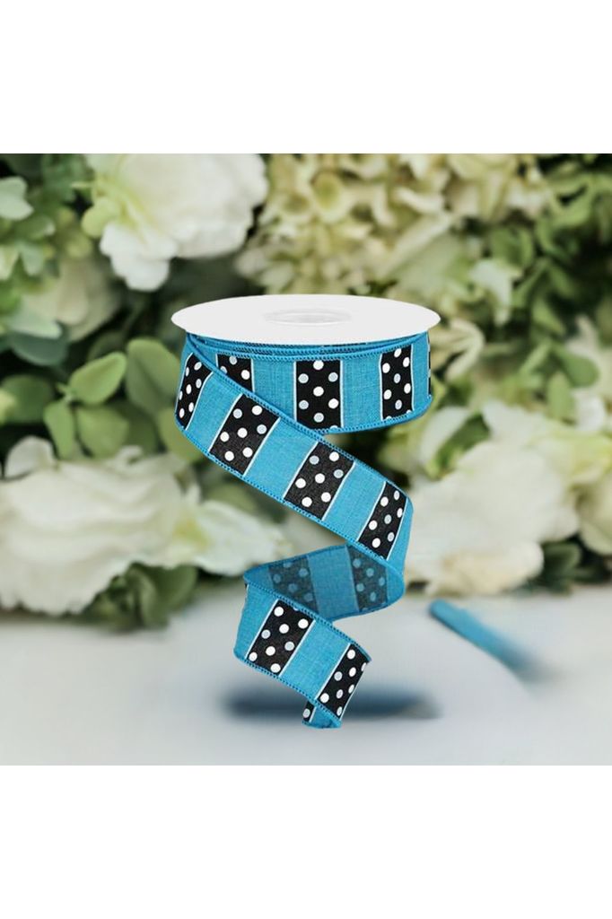 1.5" B & W Polka Dot Stripes Ribbon: Turquoise (10 Yards) - Michelle's aDOORable Creations - Wired Edge Ribbon