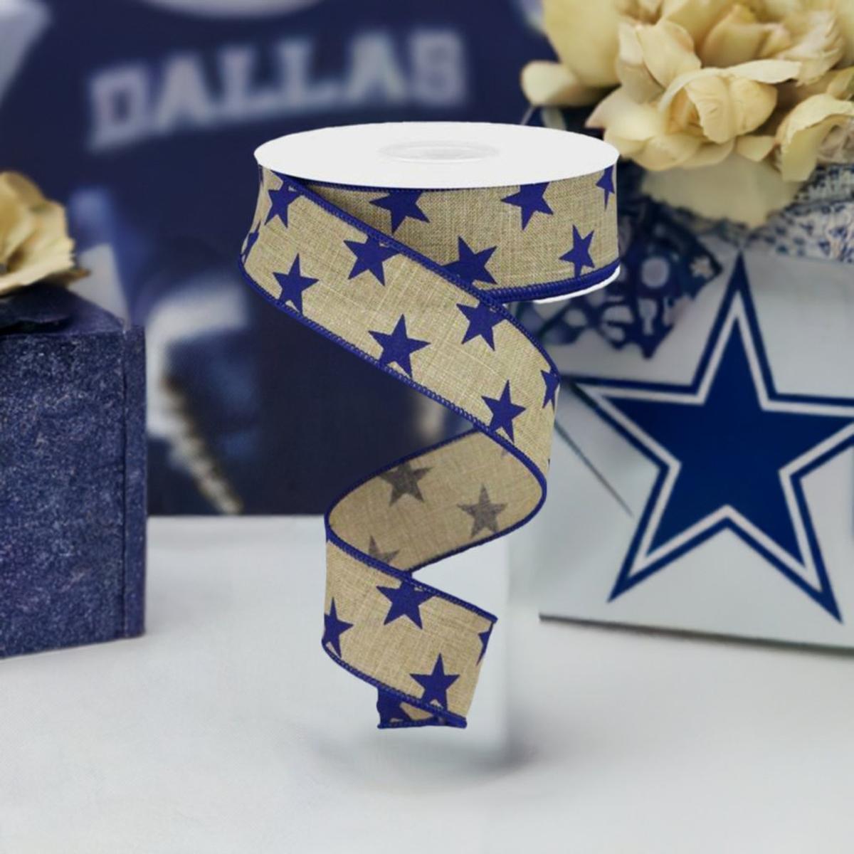 Shop For 1.5" Beige Royal Canvas Ribbon: Blue Stars (10 Yards) at Michelle's aDOORable Creations