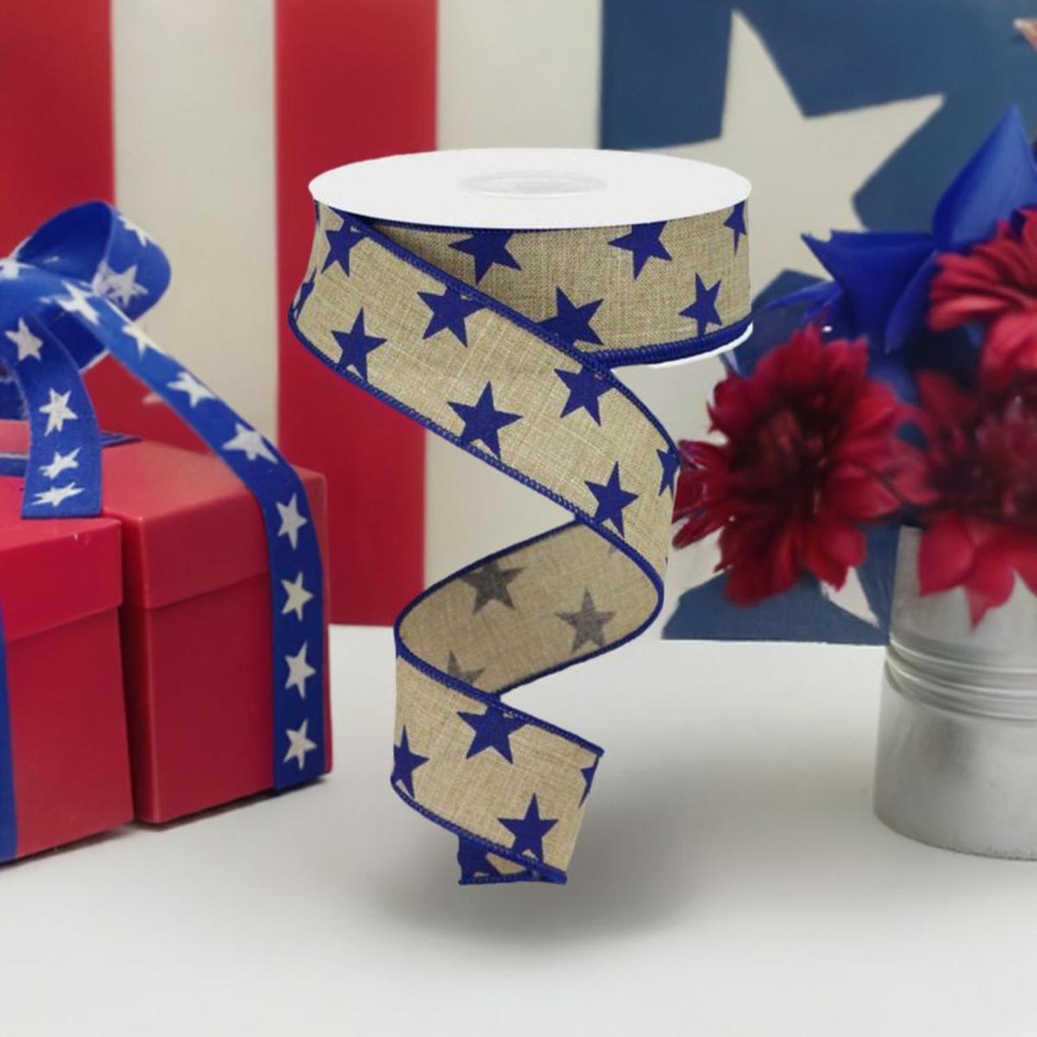 1.5" Beige Royal Canvas Ribbon: Blue Stars (10 Yards)
