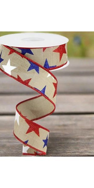 1.5" Beige Royal Canvas Ribbon: Patriotic Stars (10 Yards) - Michelle's aDOORable Creations - Wired Edge Ribbon