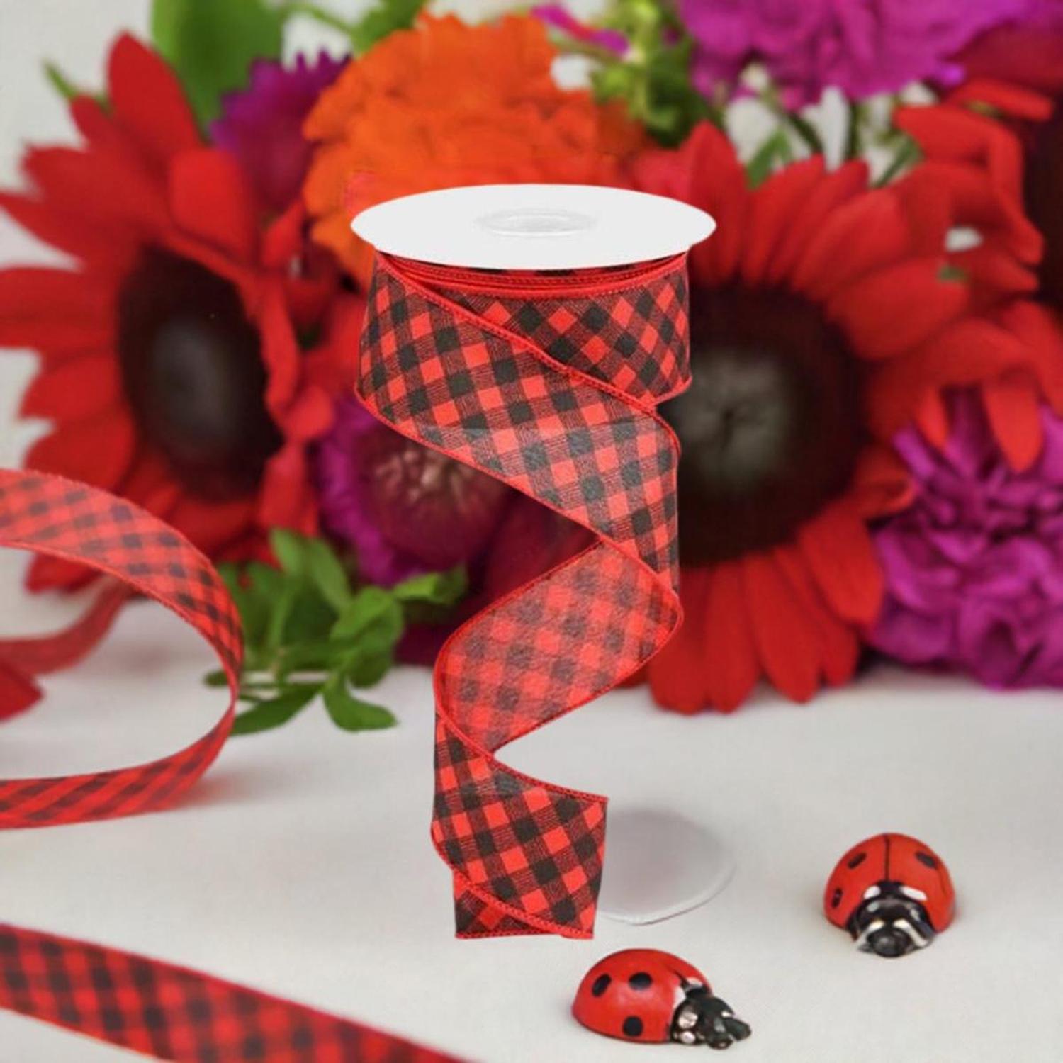 1.5" Bias Gingham Ribbon: Red & Black (10 Yards)