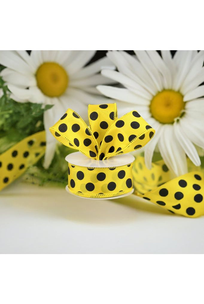 1.5" Big Polka Dot Ribbon: Yellow & Black (10 Yards) - Michelle's aDOORable Creations - Wired Edge Ribbon