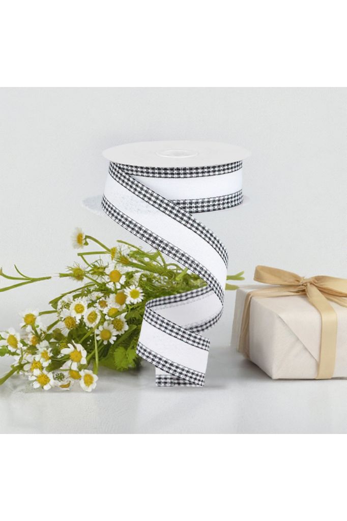 1.5" Black Gingham Edge Ribbon: White (10 Yards) - Michelle's aDOORable Creations - Wired Edge Ribbon