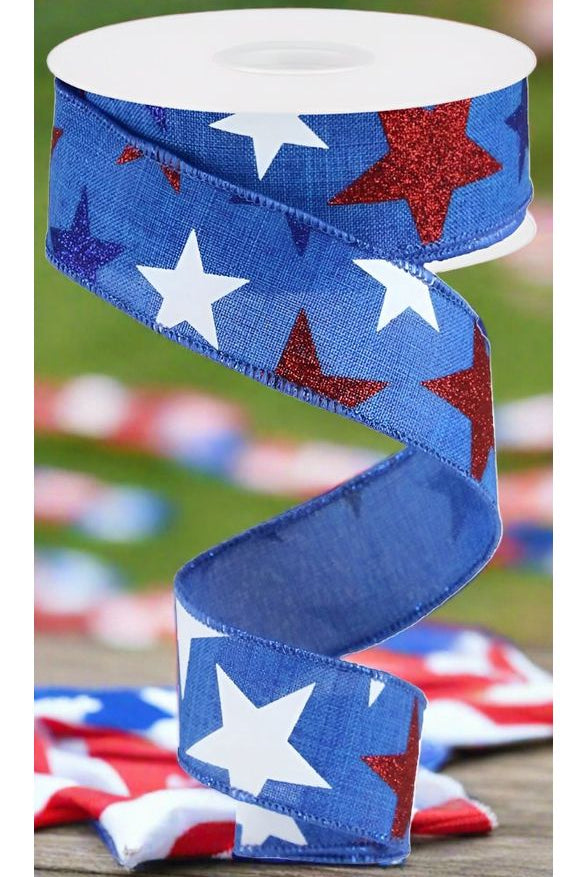 1.5" Blue Royal Canvas Ribbon: Patriotic Stars (10 Yards) - Michelle's aDOORable Creations - Wired Edge Ribbon