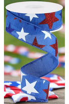1.5" Blue Royal Canvas Ribbon: Patriotic Stars (10 Yards) - Michelle's aDOORable Creations - Wired Edge Ribbon