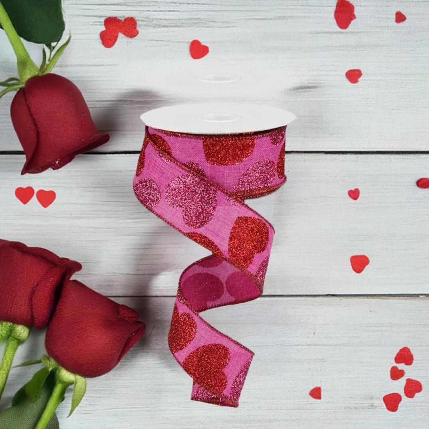 1.5" Bold Glitter Hearts Royal Ribbon: Pink (10 Yards)