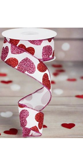 1.5" Bold Glitter Hearts Royal Ribbon: White (10 Yards) - Michelle's aDOORable Creations - Wired Edge Ribbon