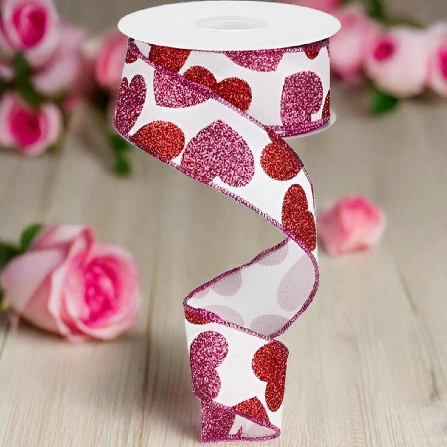 1.5" Bold Glitter Hearts Royal Ribbon: White (10 Yards)