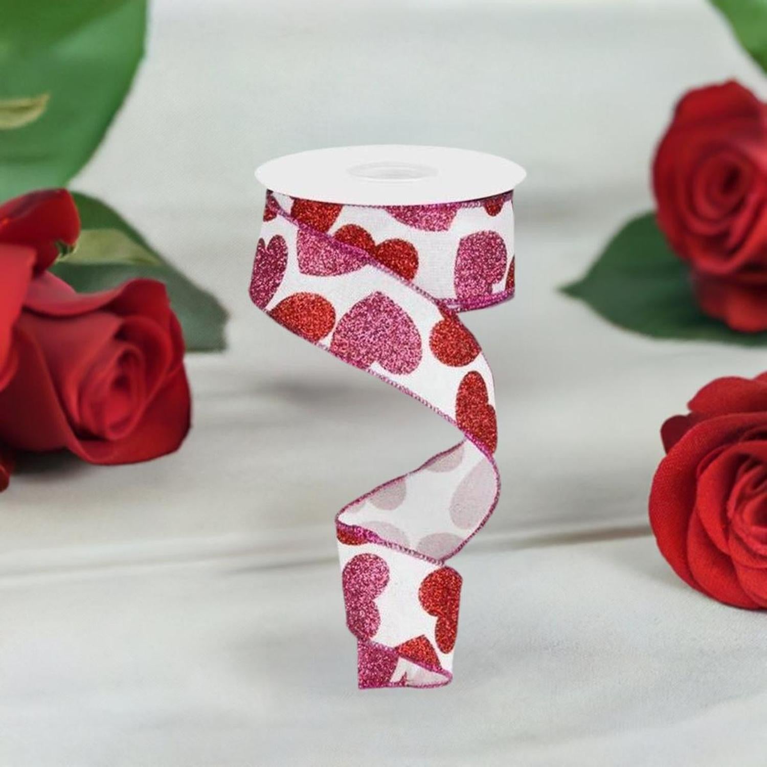 1.5" Bold Glitter Hearts Royal Ribbon: White (10 Yards)