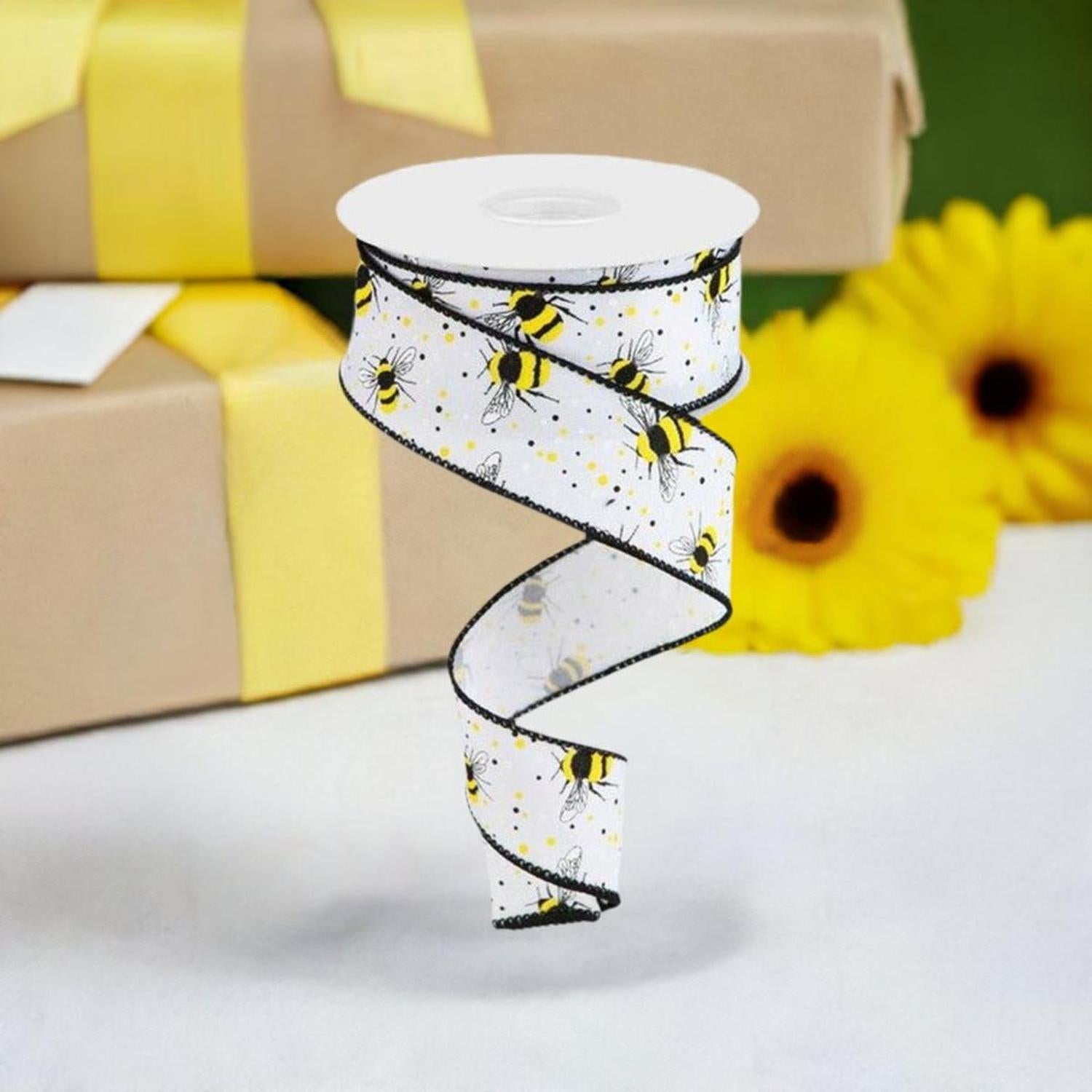 1.5" Bumble Bee On Diagonal Weave Ribbon: White (10 Yards)