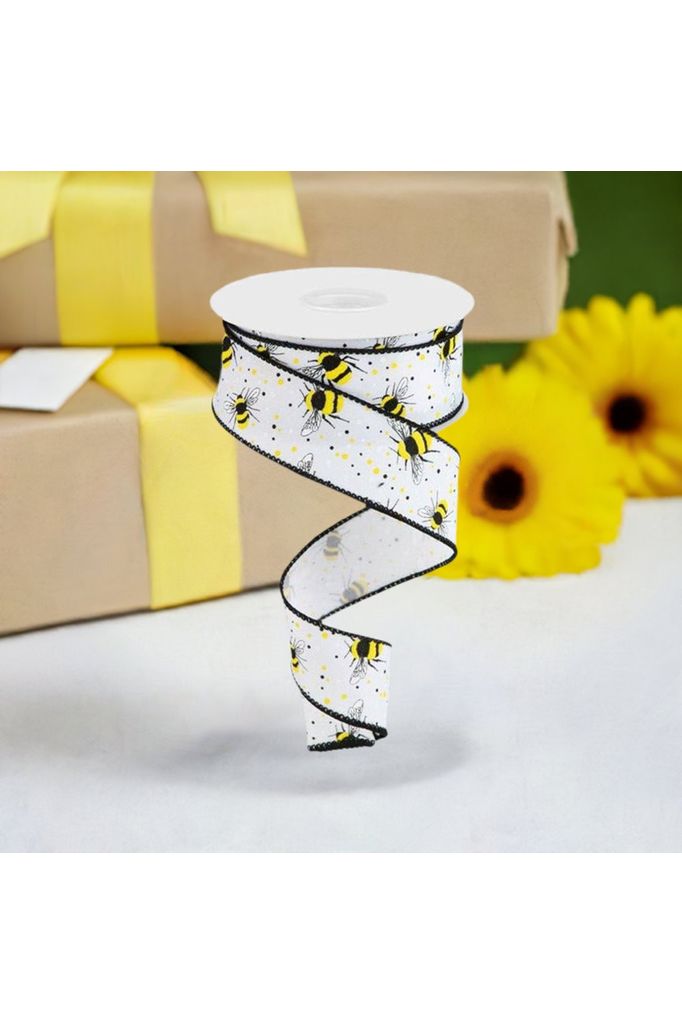 Shop For 1.5" Bumble Bee On Diagonal Weave Ribbon: White (10 Yards) at Michelle's aDOORable Creations