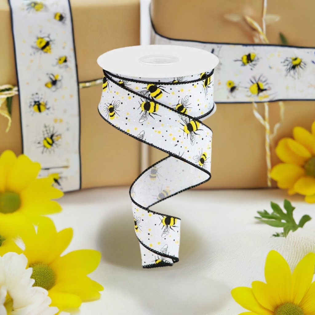 Shop For 1.5" Bumble Bee On Diagonal Weave Ribbon: White (10 Yards) at Michelle's aDOORable Creations