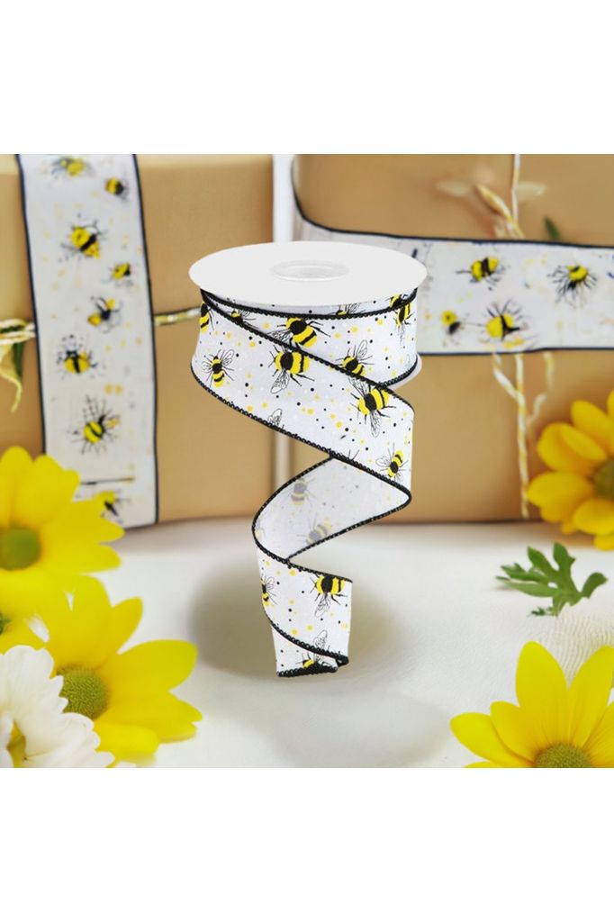 1.5" Bumble Bee On Diagonal Weave Ribbon: White (10 Yards) - Michelle's aDOORable Creations - Wired Edge Ribbon