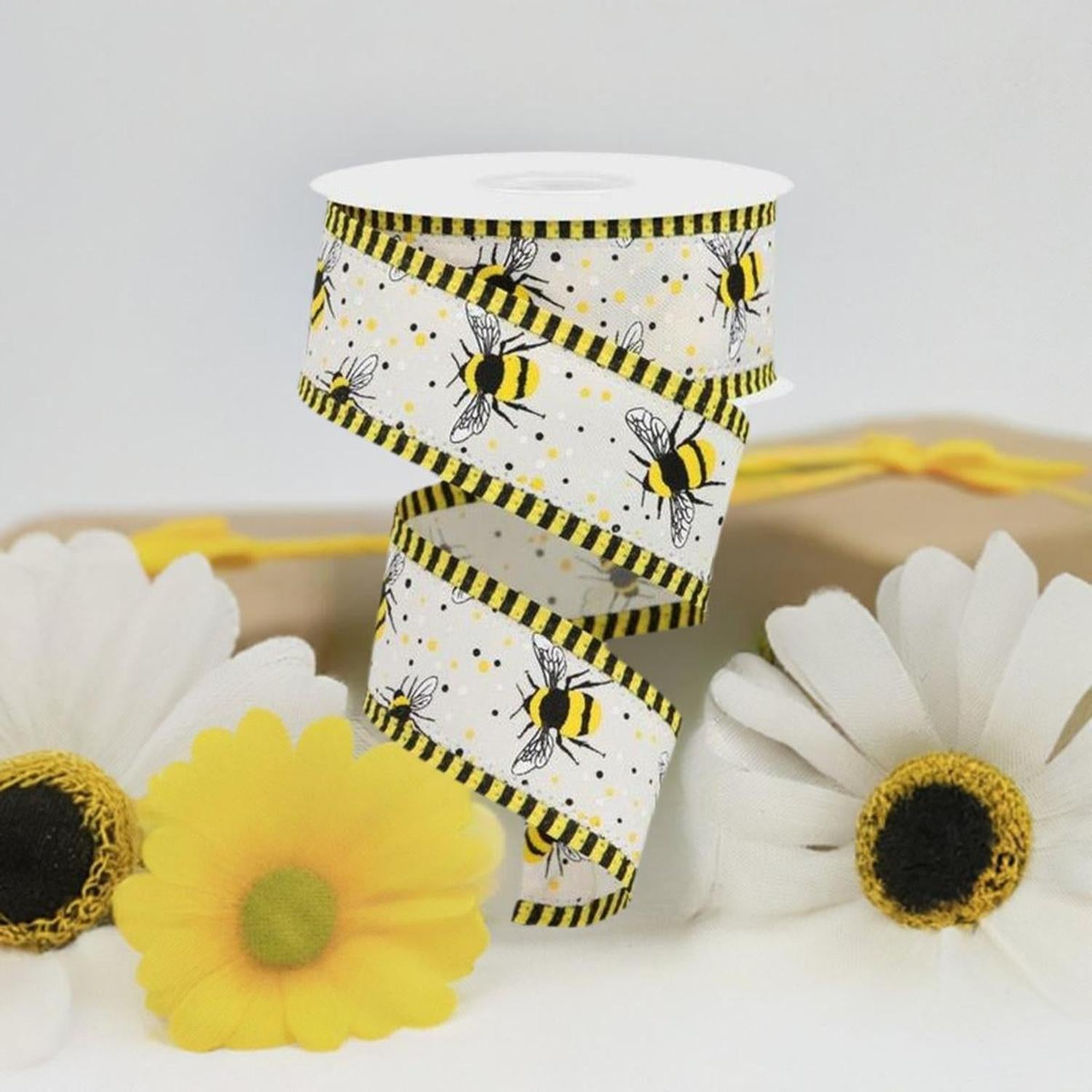 1.5" Bumble Bee Stripe Edge Ribbon: Ivory (10 Yards)