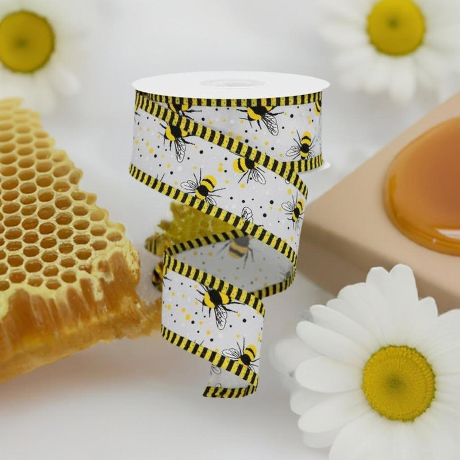 1.5" Bumble Bee Stripe Edge Ribbon: White (10 Yards)