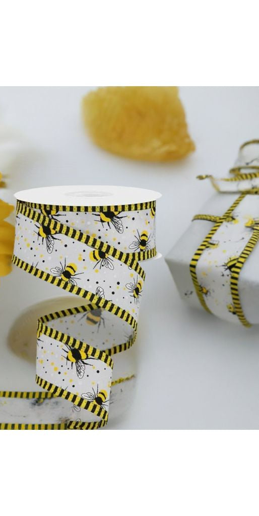 1.5" Bumble Bee Stripe Edge Ribbon: White (10 Yards) - Michelle's aDOORable Creations - Wired Edge Ribbon