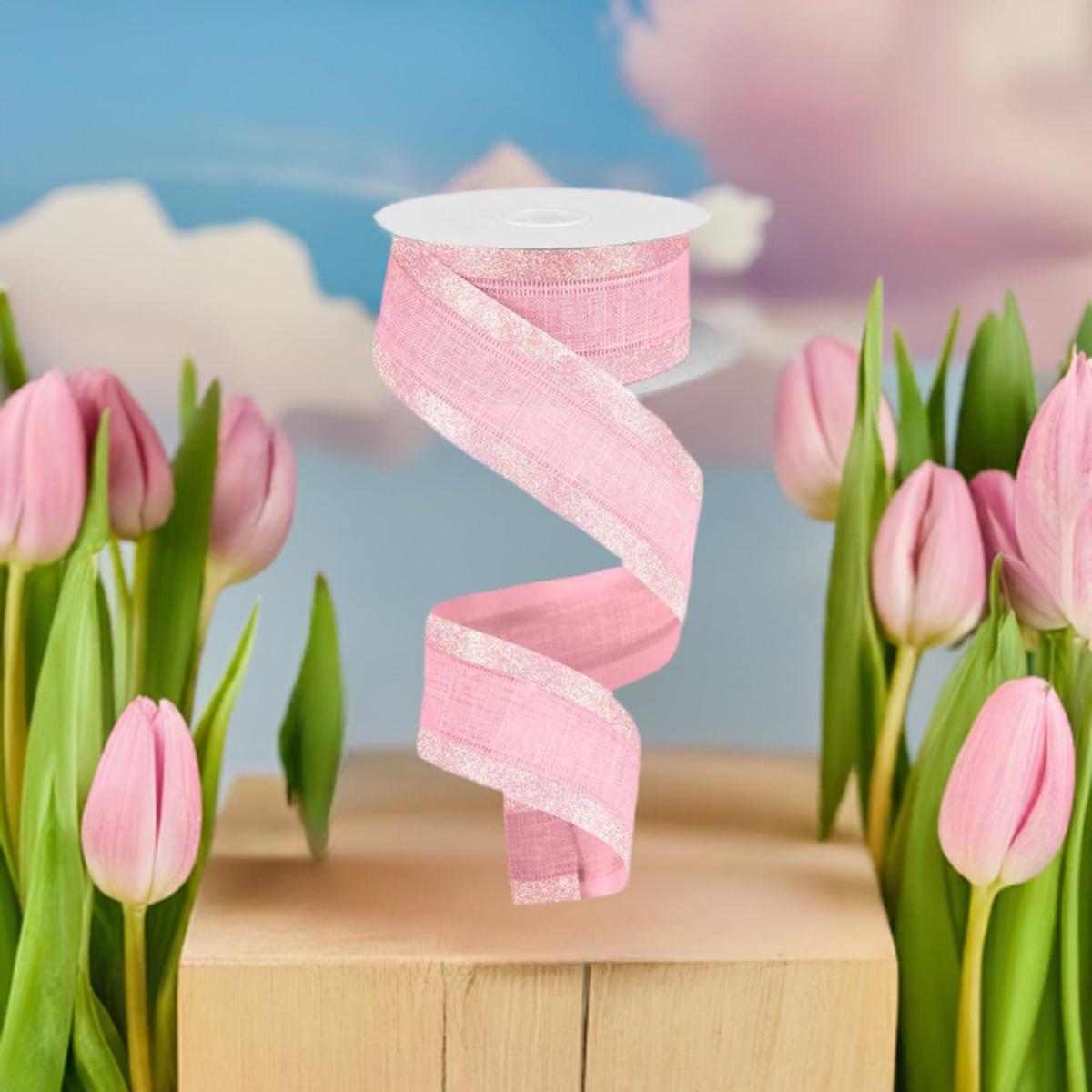 Shop For 1.5" Canvas On Satin Glitter Ribbon: Light Pink (10 Yards) at Michelle's aDOORable Creations