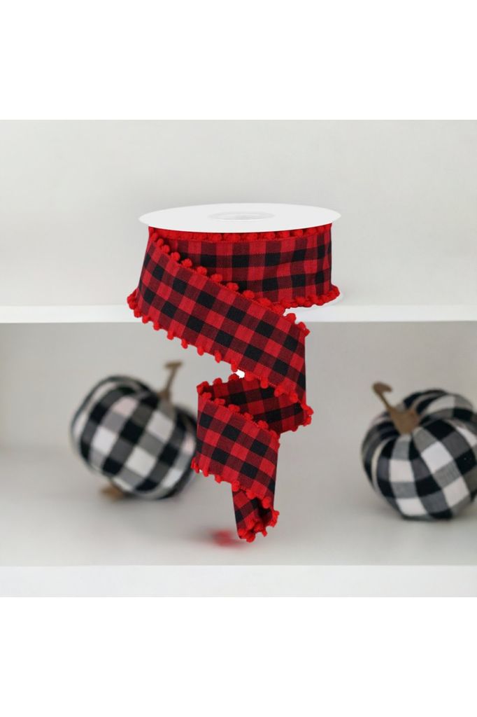 Shop For 1.5" Check with Poms Ribbon: Red (10 Yards) RN585871