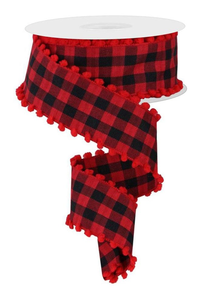 1.5" Check with Poms Ribbon: Red (10 Yards) - Michelle's aDOORable Creations - Wired Edge Ribbon