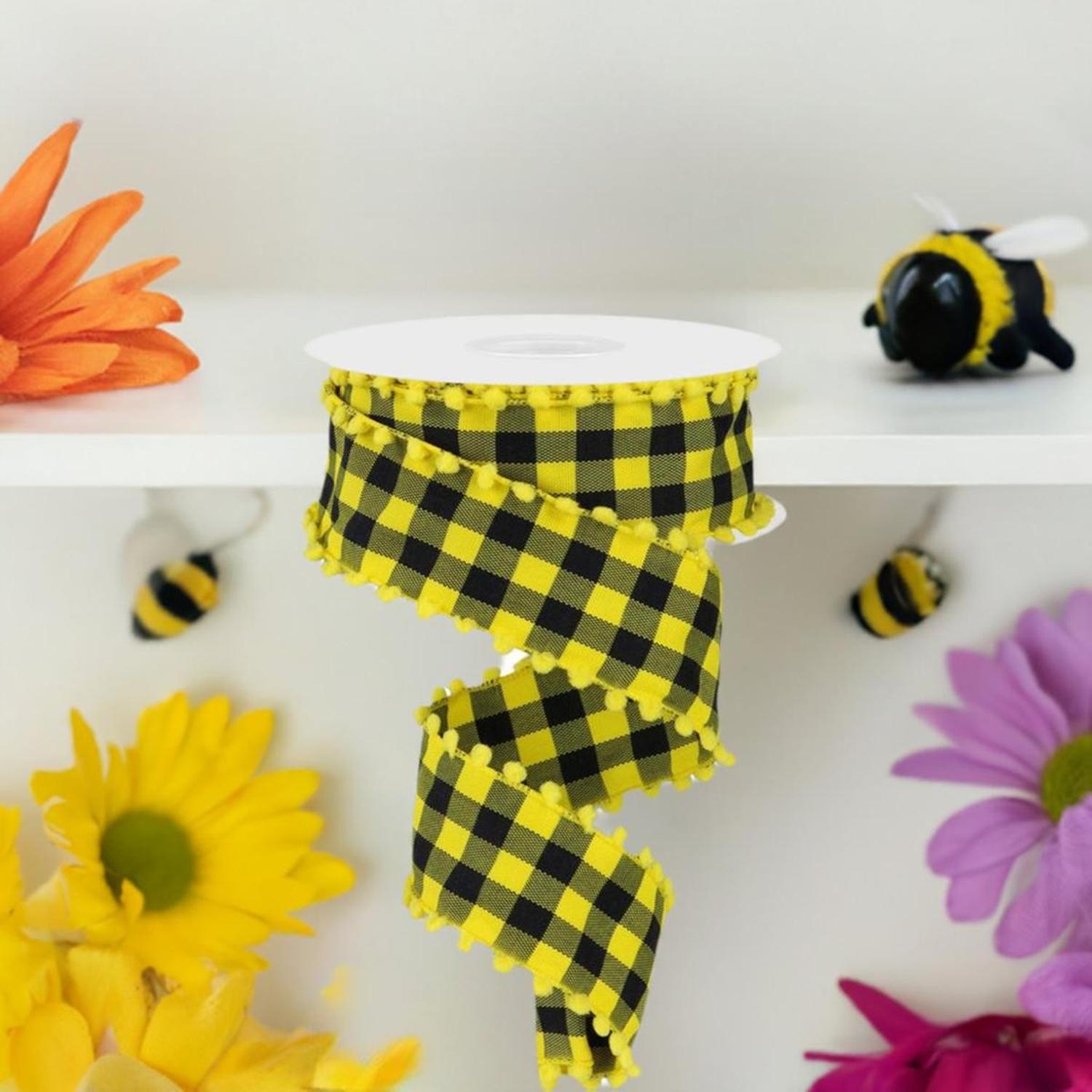 1.5" Check with Poms Ribbon: Yellow (10 Yards)