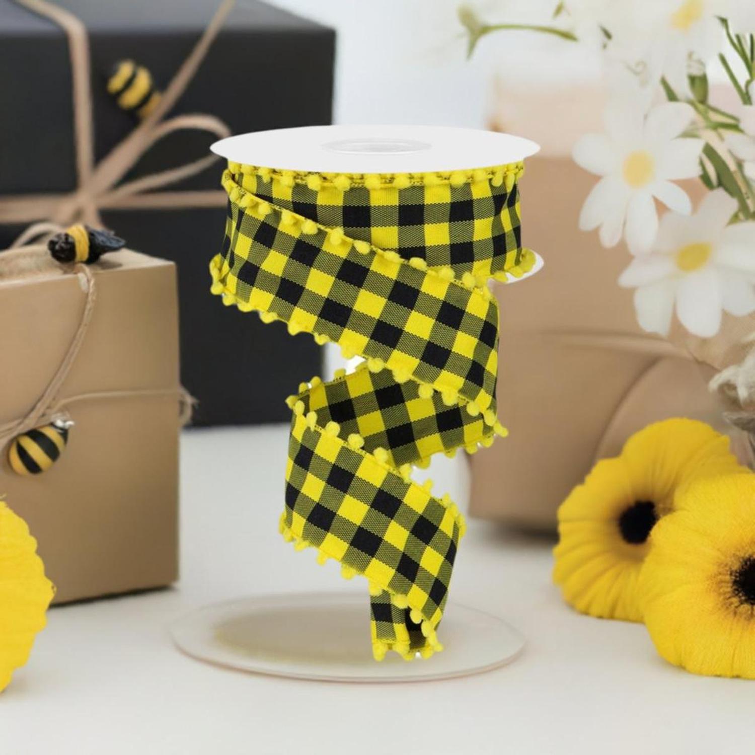 1.5" Check with Poms Ribbon: Yellow (10 Yards)