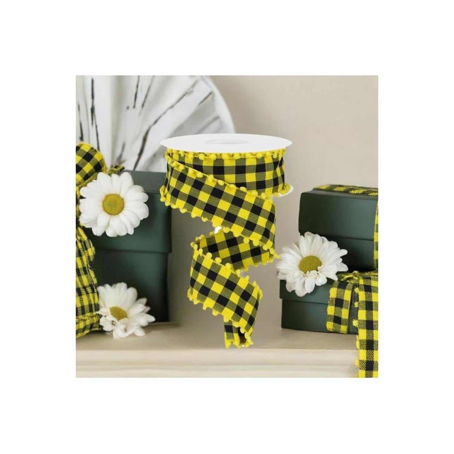 1.5" Check with Poms Ribbon: Yellow (10 Yards)