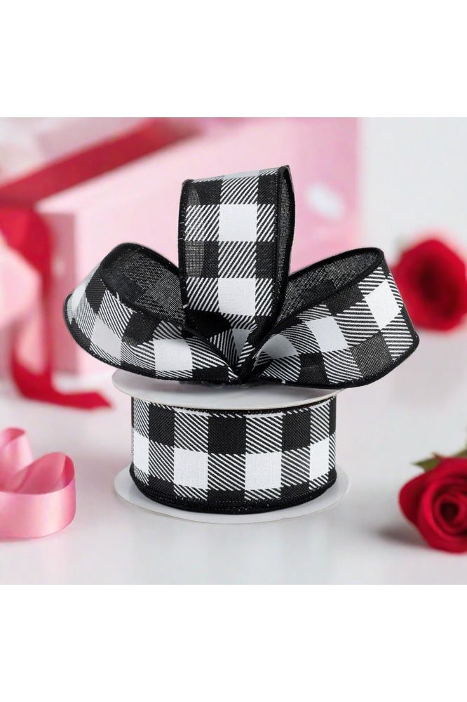 1.5" Checked Plaid Ribbon: Black & White (10 Yards) - Michelle's aDOORable Creations - Wired Edge Ribbon