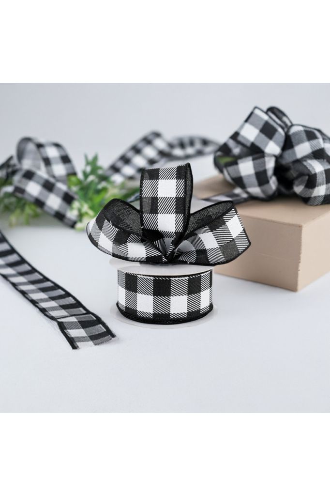 1.5" Checked Plaid Ribbon: Black & White (10 Yards) - Michelle's aDOORable Creations - Wired Edge Ribbon
