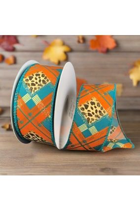 1.5" Cheetah Argyle Plaid Ribbon: Teal & Orange (10 Yards) - Michelle's aDOORable Creations - Wired Edge Ribbon