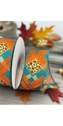 1.5" Cheetah Argyle Plaid Ribbon: Teal & Orange (10 Yards) - Michelle's aDOORable Creations - Wired Edge Ribbon